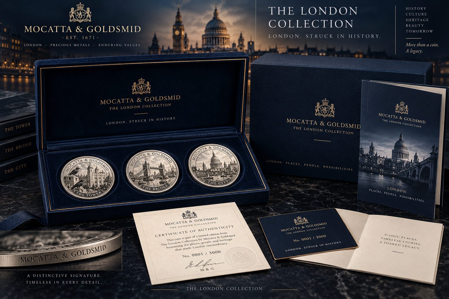 Mocatta & Goldsmid The London Collection — Übersicht mit drei Silbermünzen, tiefblauer Präsentationsbox, Echtheitszertifikat und Heritage Booklet