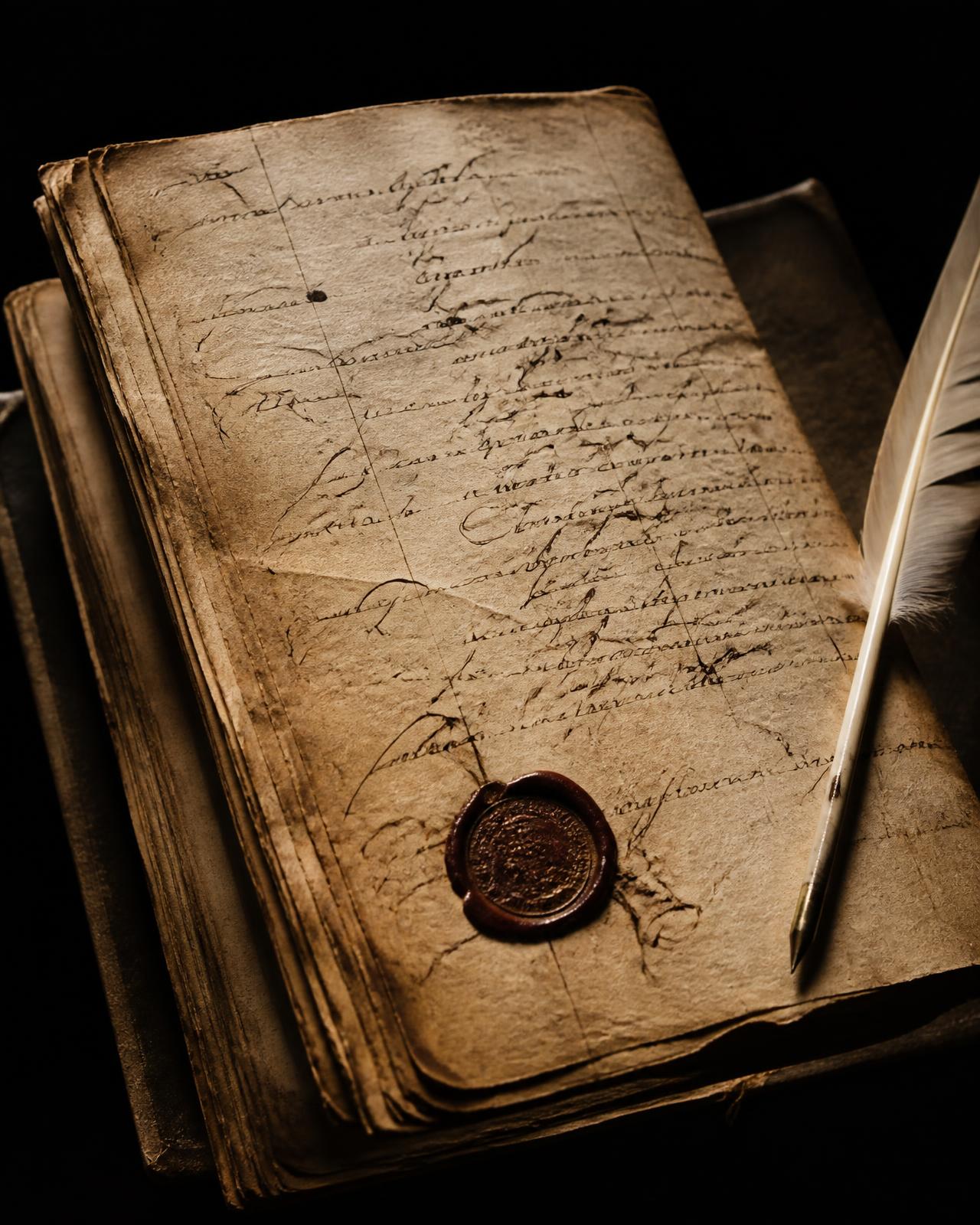 Historisches Kontobuch aus Pergament mit Federkiel und Wachssiegel