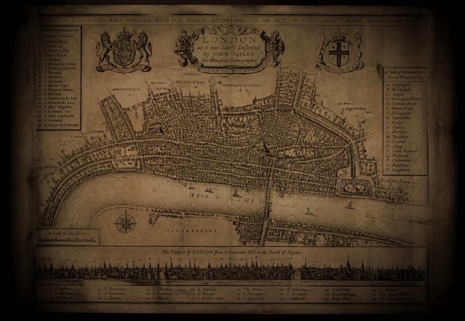 Antike Kupferstichkarte der City of London aus dem 17. Jahrhundert